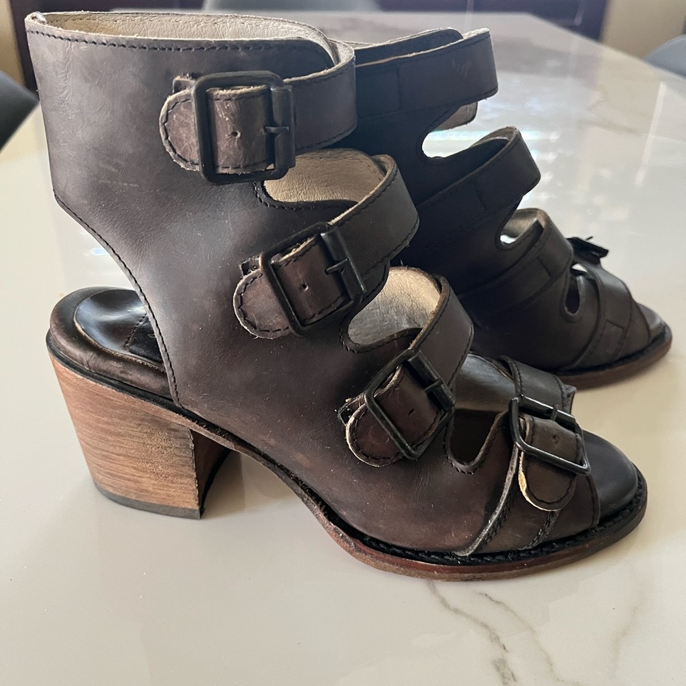 Freebird Quail Brown Multi-Buckle Cutout Block Heel Sandals